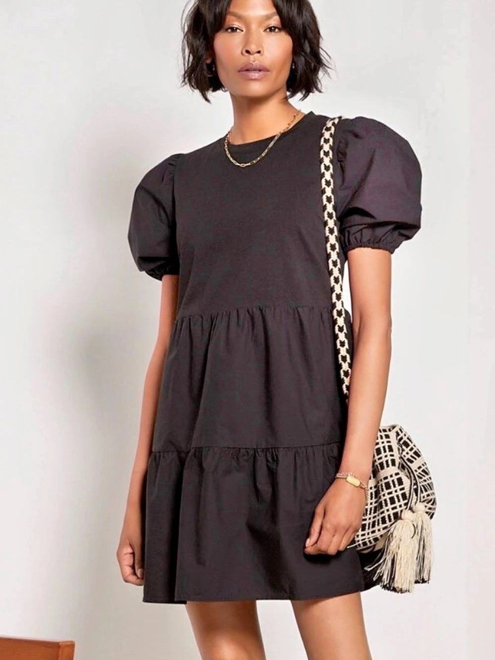Sanctuary Poplin Mix Black Puff Sleeve Mini Dress Size XS NWT